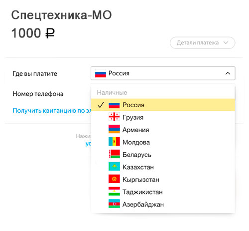 Выбор страны для оплаты наличными